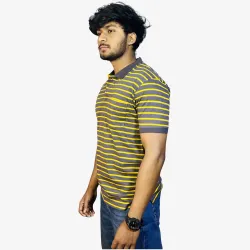 Men's Grey & Yellow Striped Polo T-Shirt | Premium Cotton Regular Fit